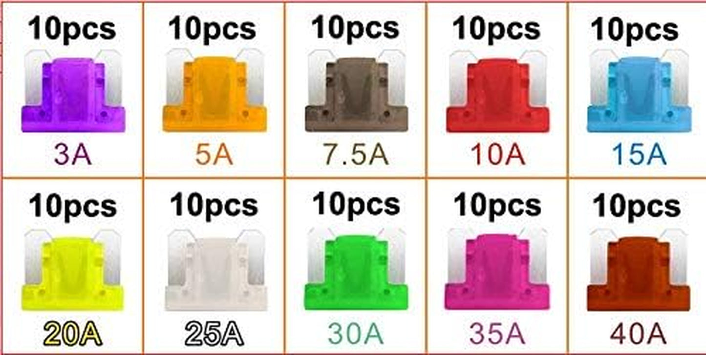 100 PCS 12V-24V Basse Profil Fusibles Mécaniques De Voiture Pour Véhicule Auto Moto Bateau Camion, Assortiment Voiture Fusible À Lame Small, 3A 5A 7.5A 10A 15A 20A 25A 30A 35A 40A
