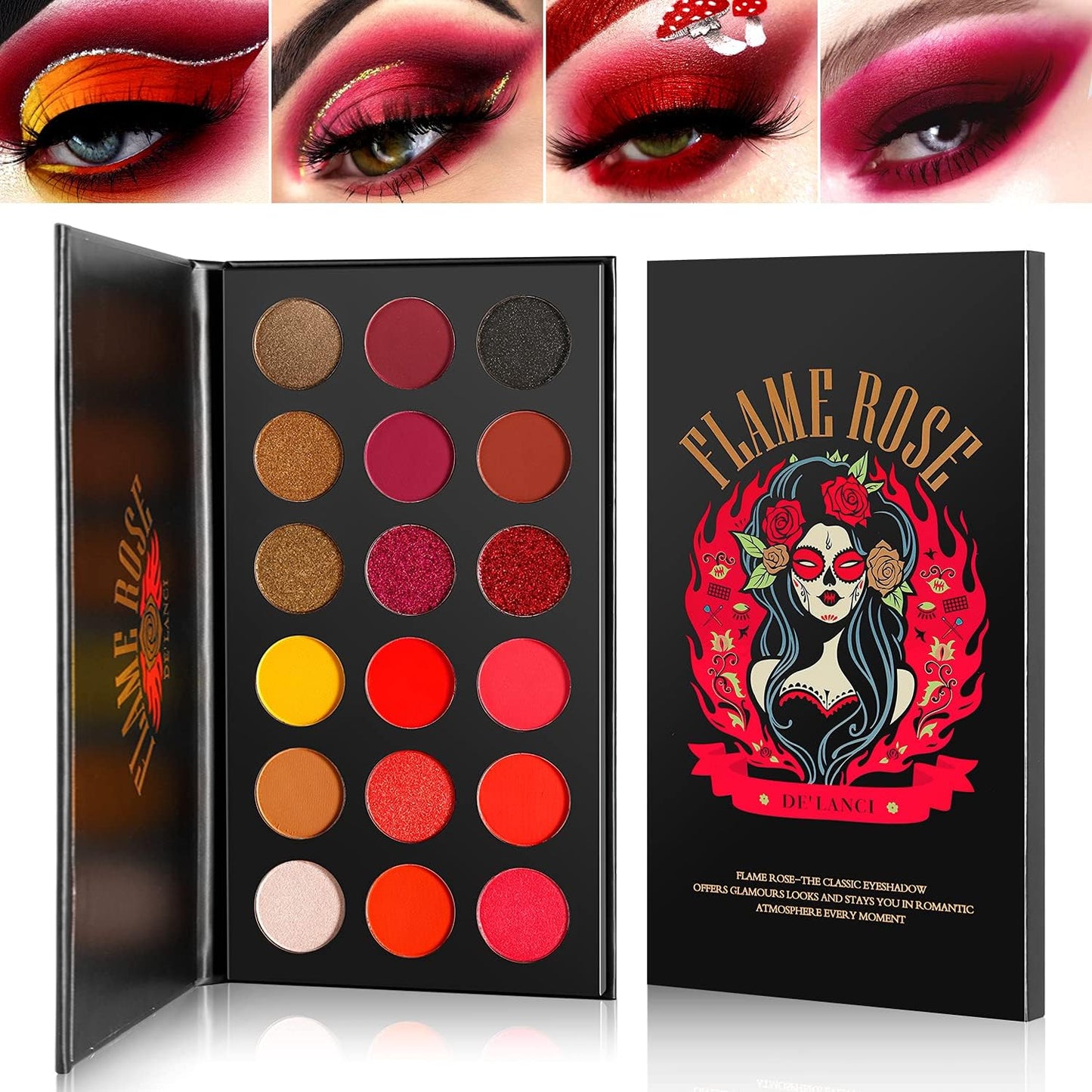 Palette De Fard À Paupières Rouge Hautement Pigmentée, Longue Durée Red Eye Shadow Palette Maquillage Halloween 18 Couleur,Brun Noir Jaune Coucher De Soleil Chaud Automne Nuances Pour Les Yeux
