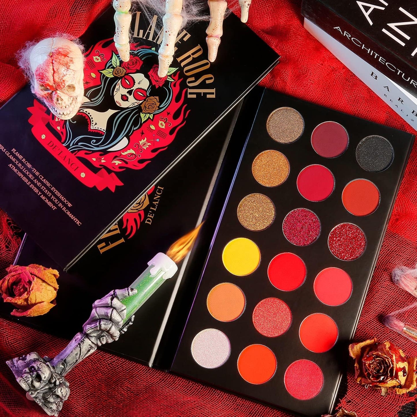 Palette De Fard À Paupières Rouge Hautement Pigmentée, Longue Durée Red Eye Shadow Palette Maquillage Halloween 18 Couleur,Brun Noir Jaune Coucher De Soleil Chaud Automne Nuances Pour Les Yeux