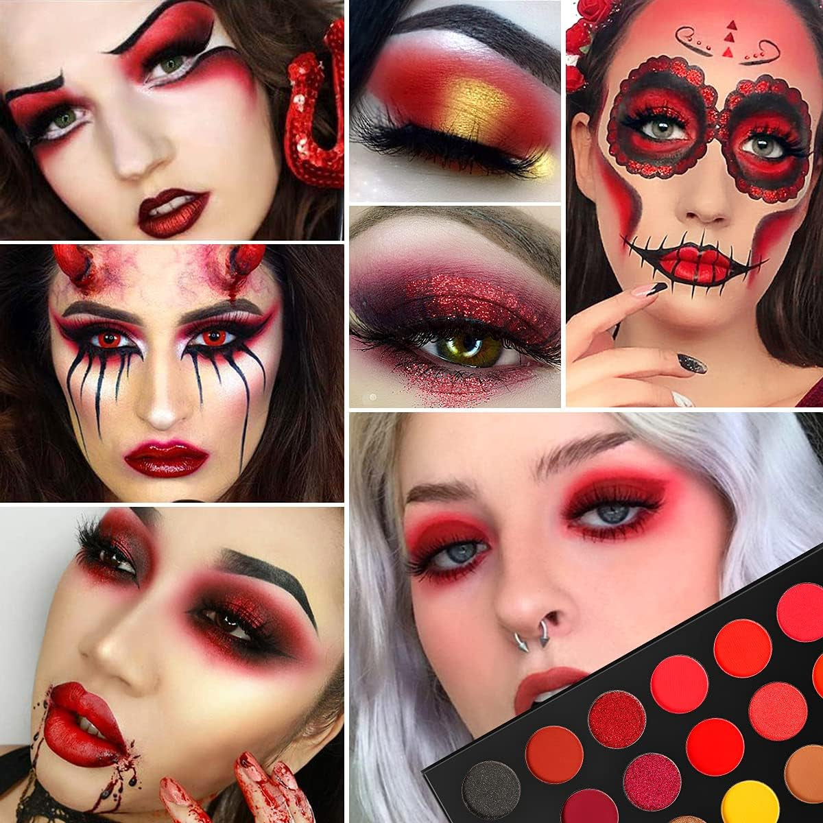 Palette De Fard À Paupières Rouge Hautement Pigmentée, Longue Durée Red Eye Shadow Palette Maquillage Halloween 18 Couleur,Brun Noir Jaune Coucher De Soleil Chaud Automne Nuances Pour Les Yeux